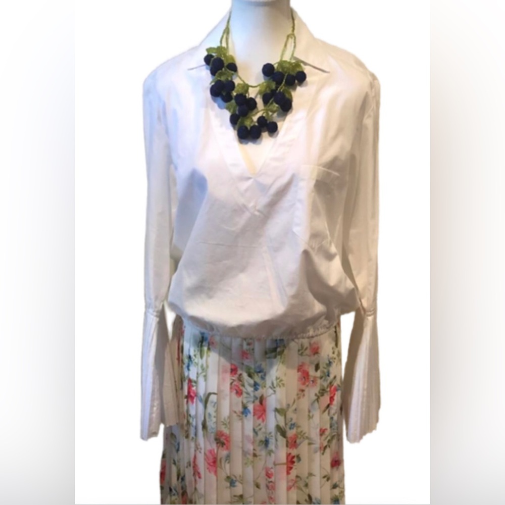 Alix NYC V-Neck Pleated-Sleeve White Shirt Women Sz L
